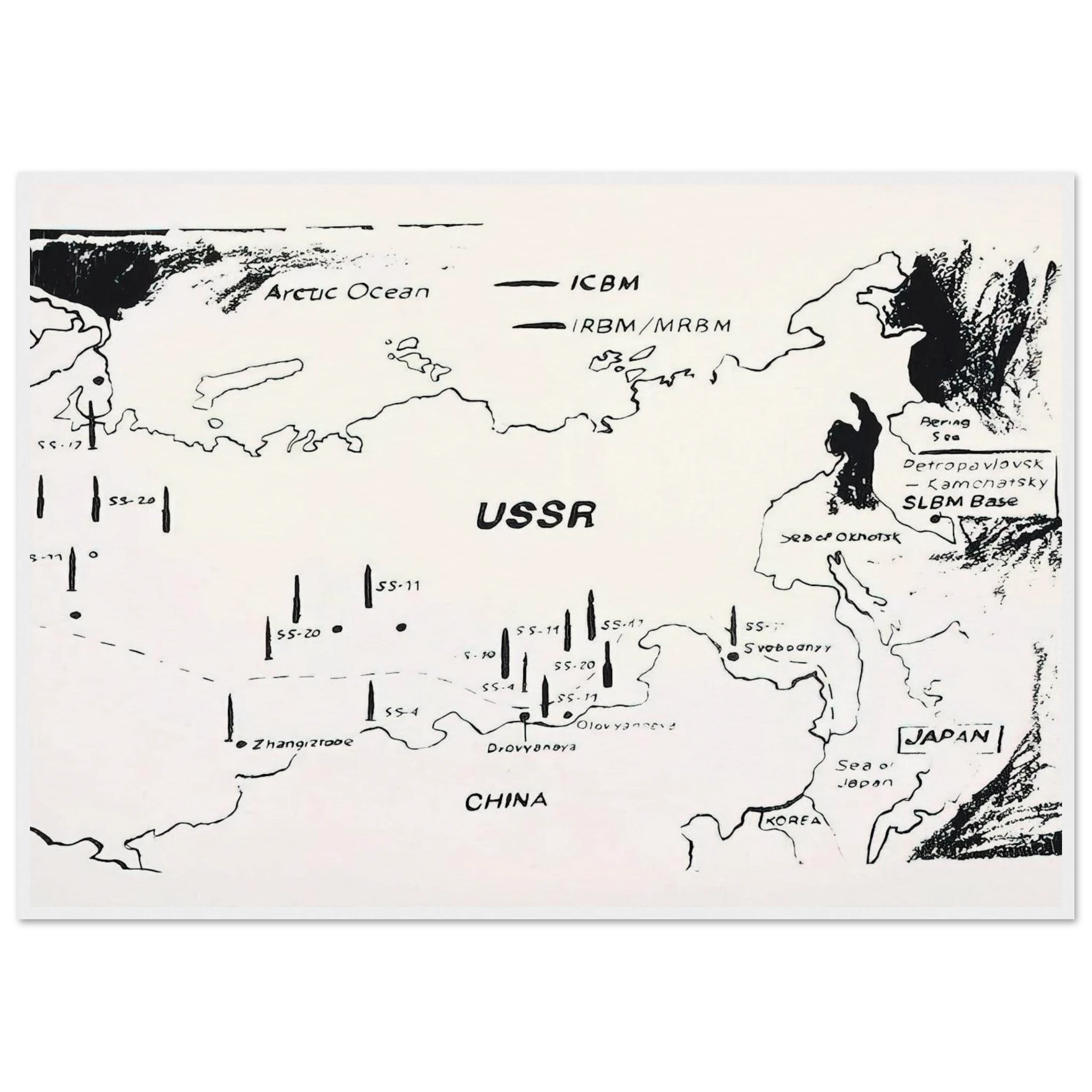 Map of Eastern U.S.S.R. Missile Bases Framed Poster | Andy Warhol Framed Prints Wall Art | Andy Warhol Prints