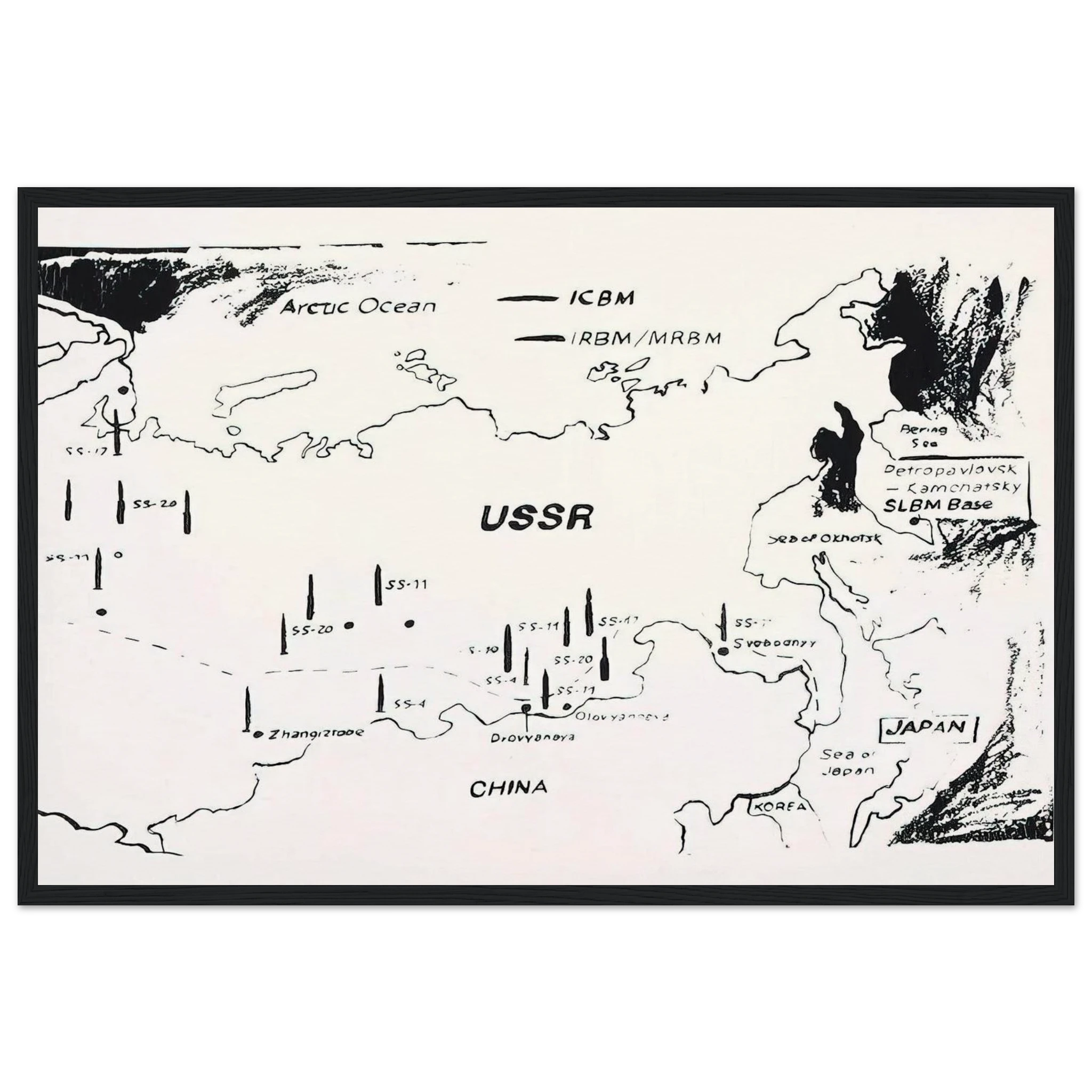Map of Eastern U.S.S.R. Missile Bases Framed Poster | Andy Warhol Framed Prints Wall Art | Andy Warhol Prints