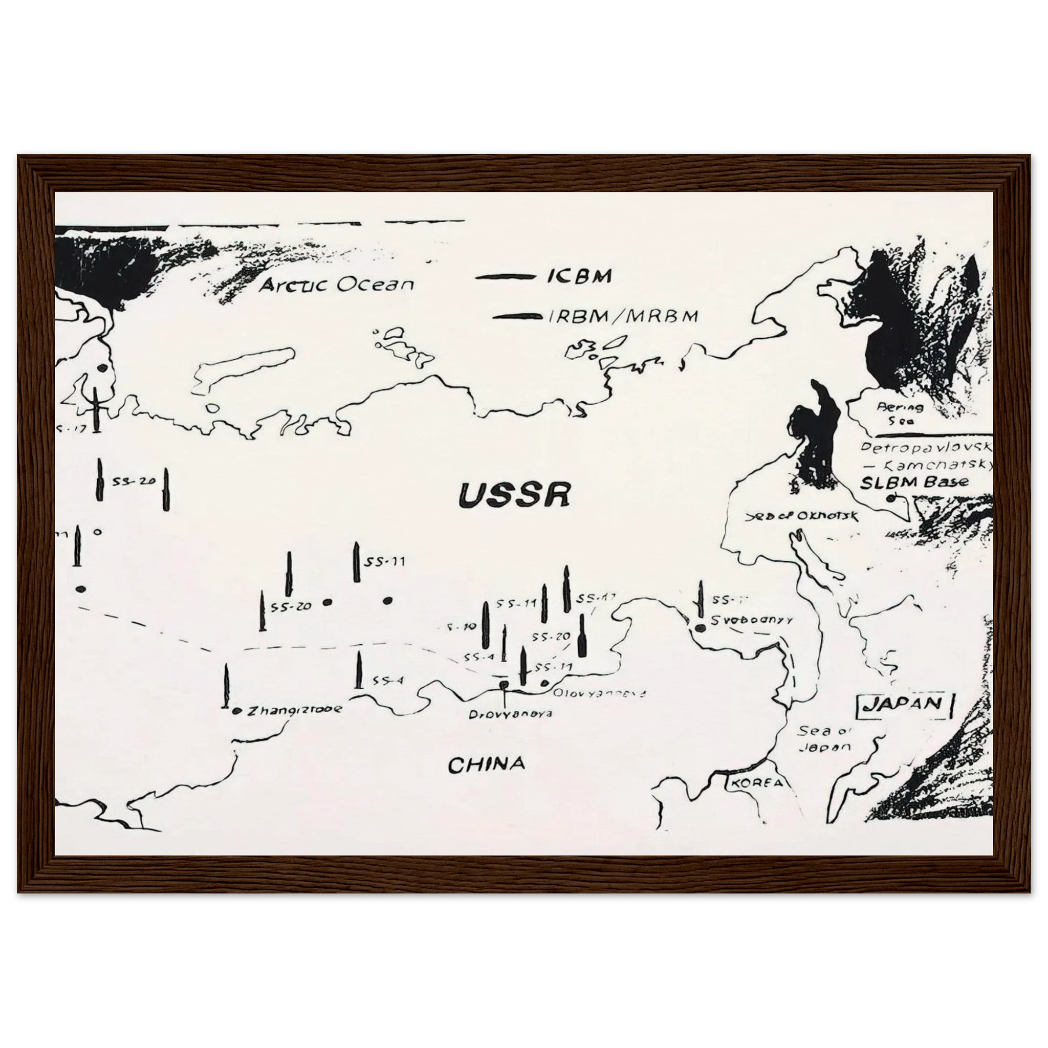 Map of Eastern U.S.S.R. Missile Bases Framed Poster | Andy Warhol Framed Prints Wall Art | Andy Warhol Prints