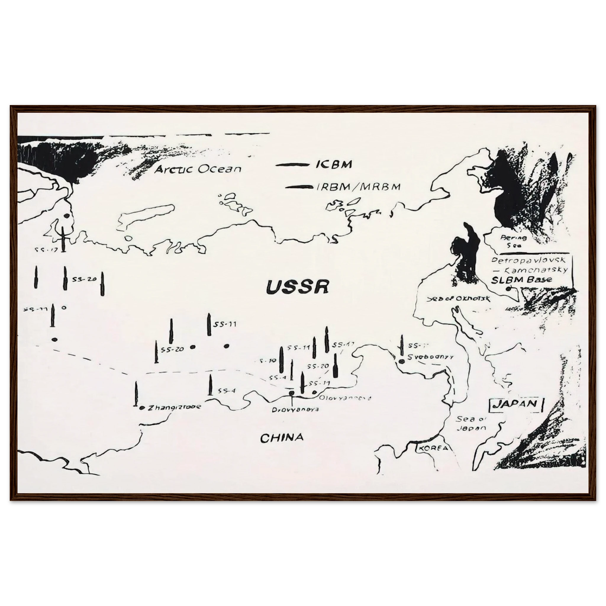 Map of Eastern U.S.S.R. Missile Bases Framed Poster | Andy Warhol Framed Prints Wall Art | Andy Warhol Prints