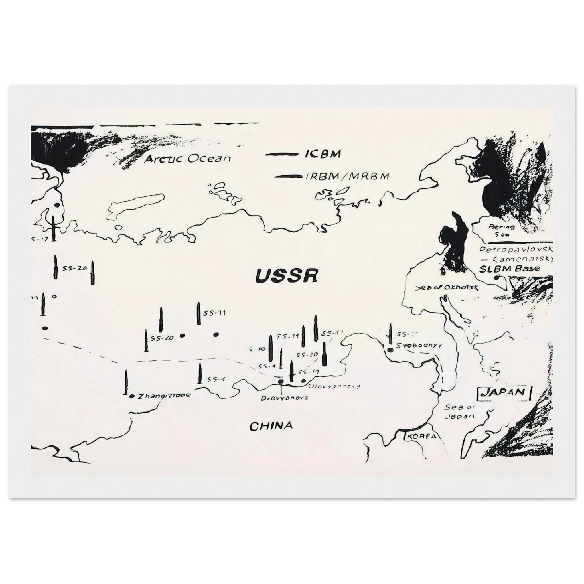 Map of Eastern U.S.S.R. Missile Bases Framed Poster | Andy Warhol Framed Prints Wall Art | Andy Warhol Prints