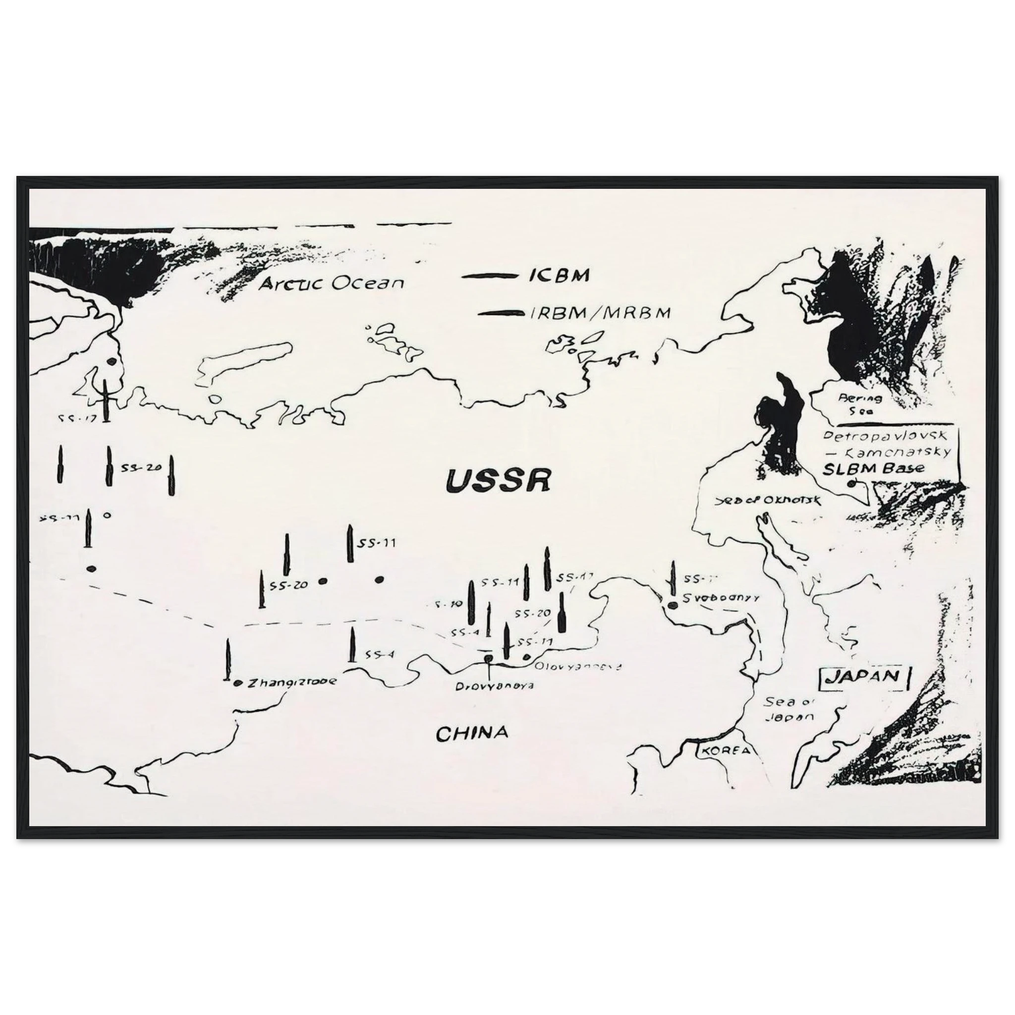 Map of Eastern U.S.S.R. Missile Bases Framed Poster | Andy Warhol Framed Prints Wall Art | Andy Warhol Prints