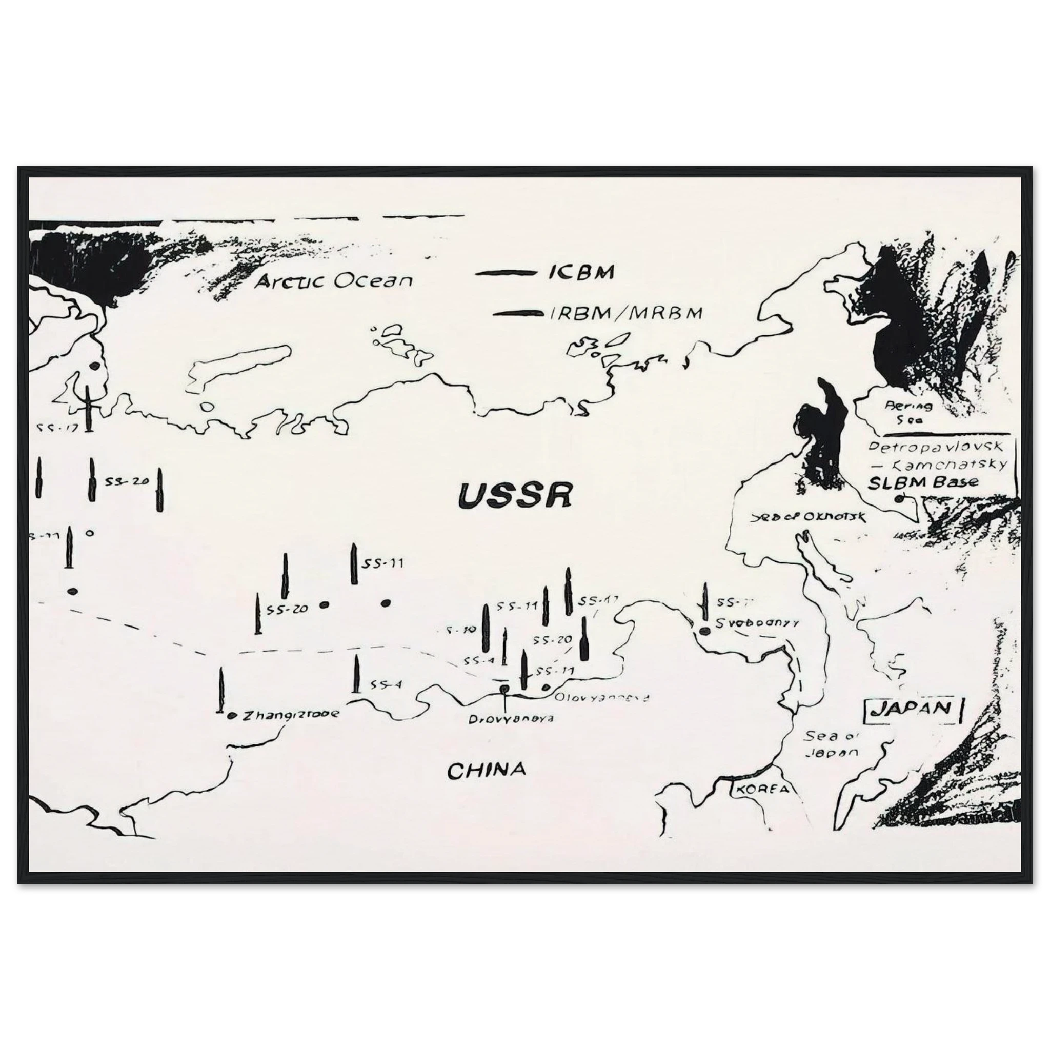 Map of Eastern U.S.S.R. Missile Bases Framed Poster | Andy Warhol Framed Prints Wall Art | Andy Warhol Prints