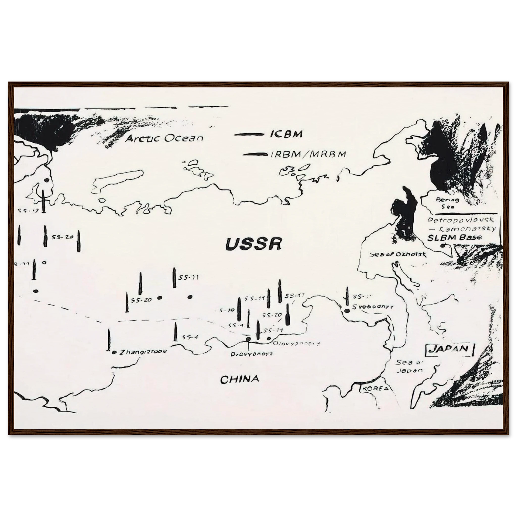 Map of Eastern U.S.S.R. Missile Bases Framed Poster | Andy Warhol Framed Prints Wall Art | Andy Warhol Prints