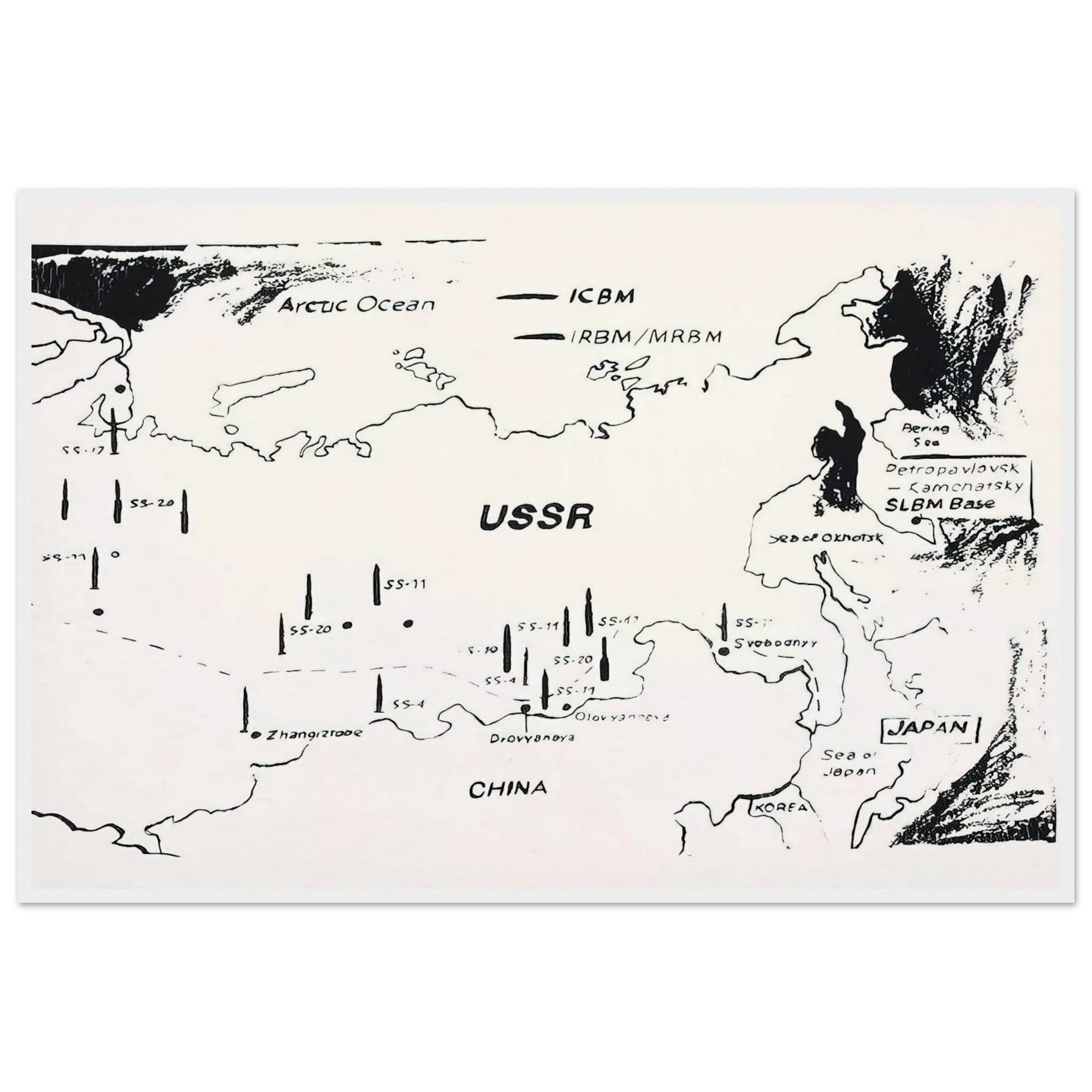 Map of Eastern U.S.S.R. Missile Bases Framed Poster | Andy Warhol Framed Prints Wall Art | Andy Warhol Prints