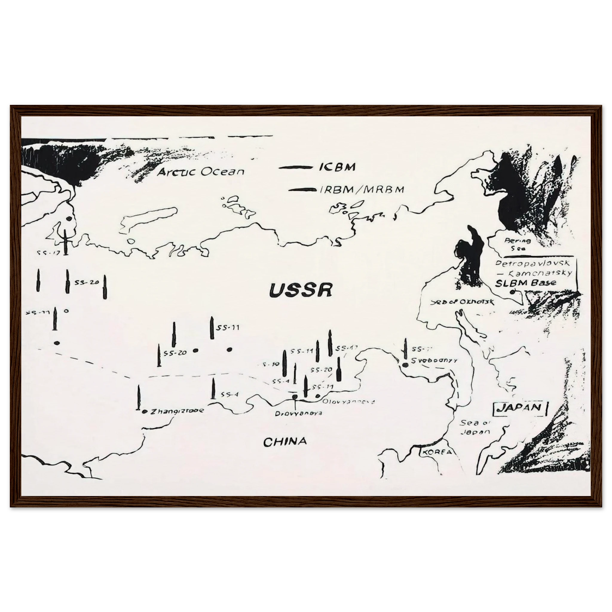 Map of Eastern U.S.S.R. Missile Bases Framed Poster | Andy Warhol Framed Prints Wall Art | Andy Warhol Prints
