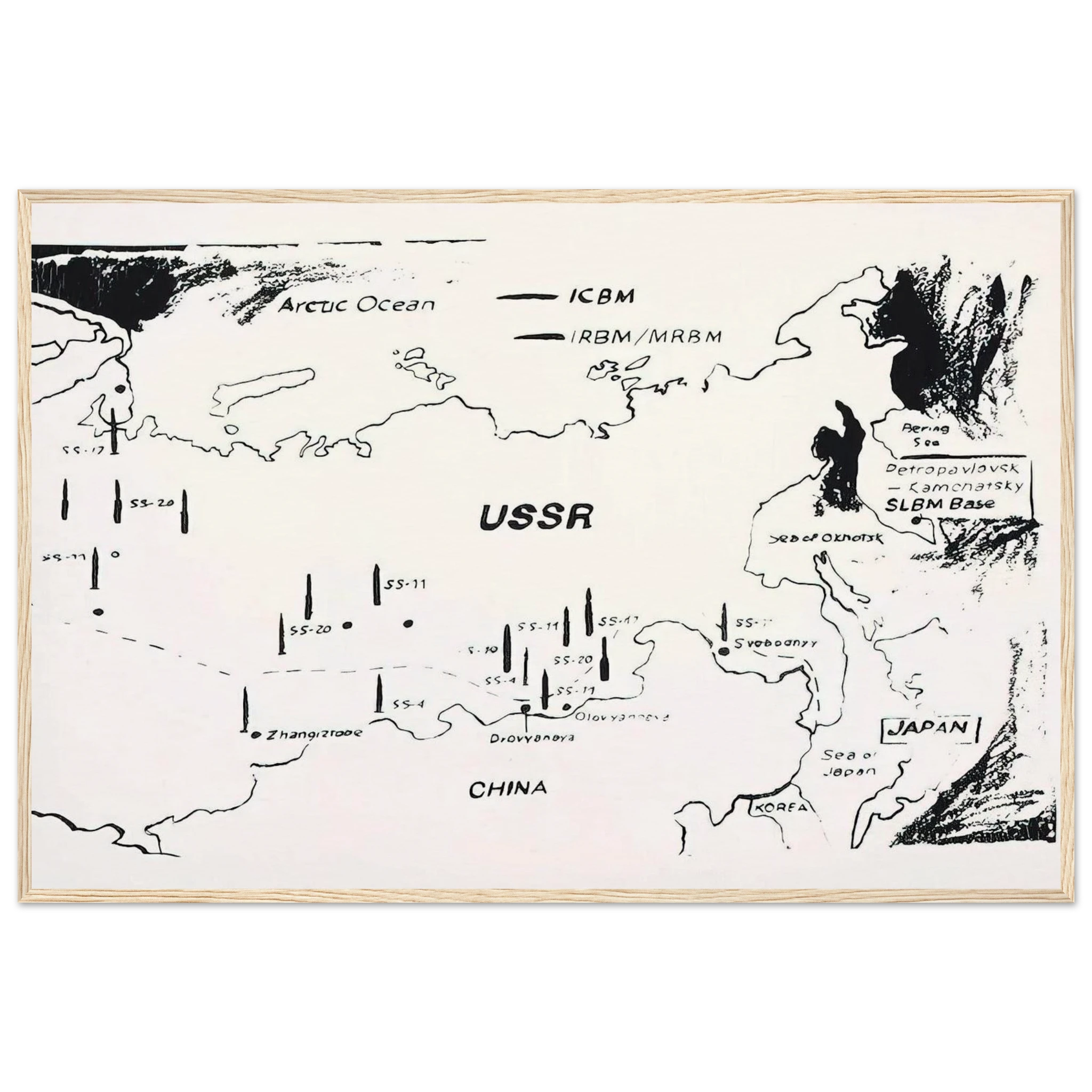 Map of Eastern U.S.S.R. Missile Bases Framed Poster | Andy Warhol Framed Prints Wall Art | Andy Warhol Prints