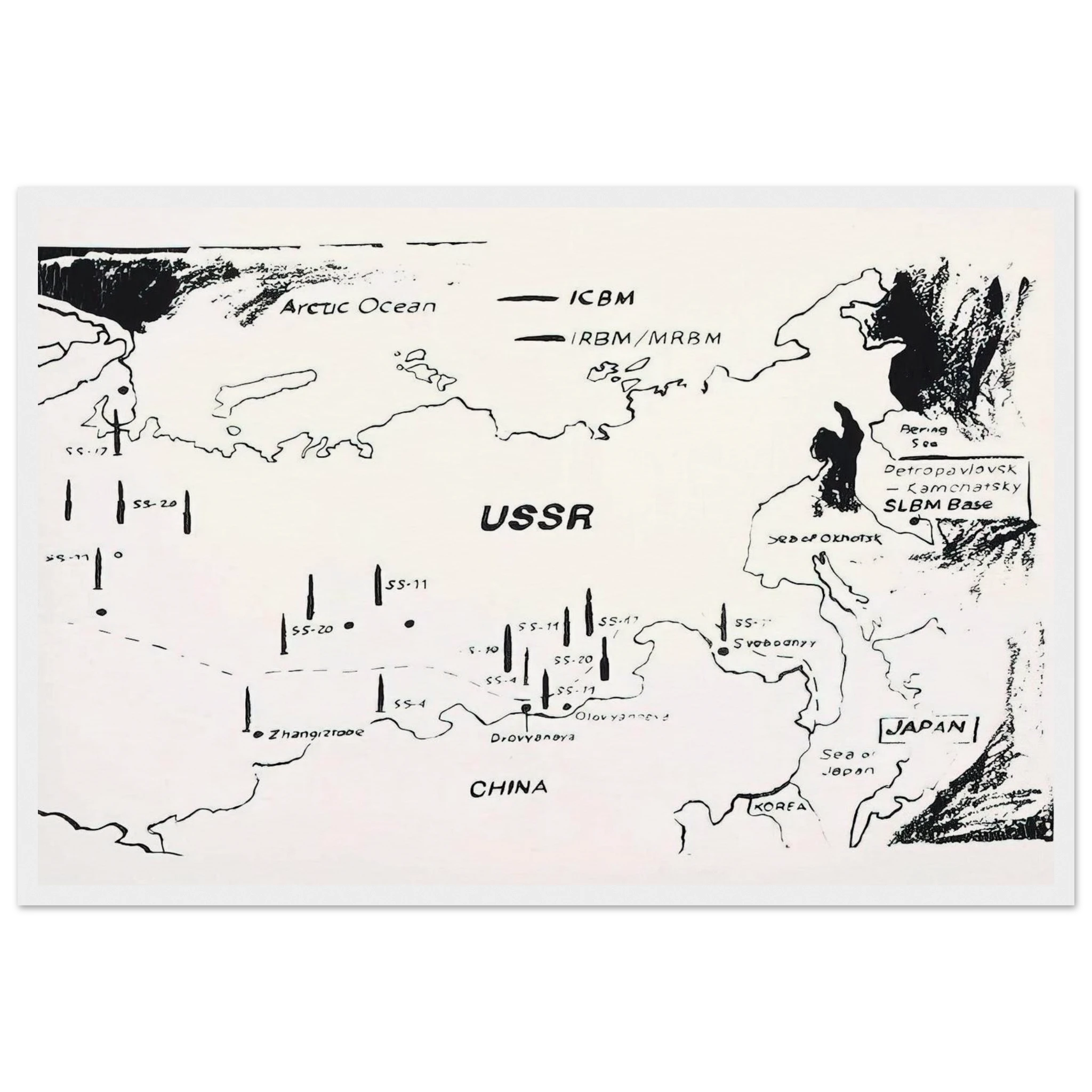 Map of Eastern U.S.S.R. Missile Bases Framed Poster | Andy Warhol Framed Prints Wall Art | Andy Warhol Prints