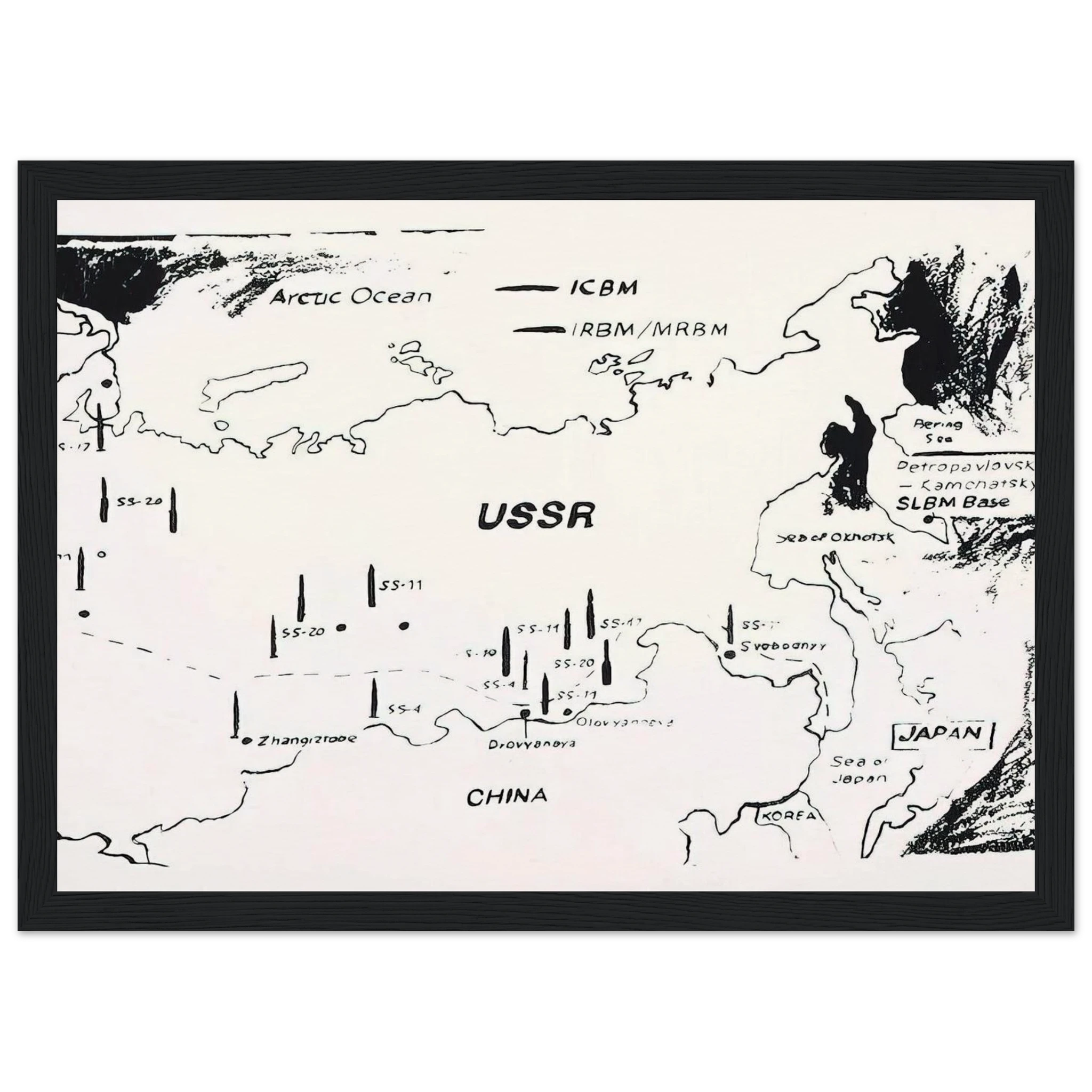 Map of Eastern U.S.S.R. Missile Bases Framed Poster | Andy Warhol Framed Prints Wall Art | Andy Warhol Prints